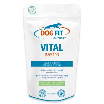 Weißer wiederverschließbarer Beutel von DOG FIT Hundefutter mit Aufschrift „VITAL gastro“, „Magen & Darm / Stomach & Intestine“, „100% VEGAN“