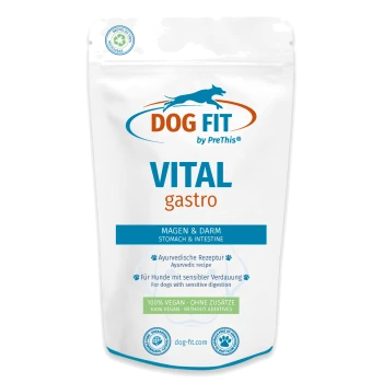 Weißer wiederverschließbarer Beutel von DOG FIT Hundefutter mit Aufschrift „VITAL gastro“, „Magen & Darm / Stomach & Intestine“, „100% VEGAN“
