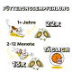 Heller gelber Hintergrund mit Fütterungsempfehlungen für Katzen. Cartoon-Katze und -Hund; 22 Portionen für 1+ Jahre, 13 für 2-12 Monate.