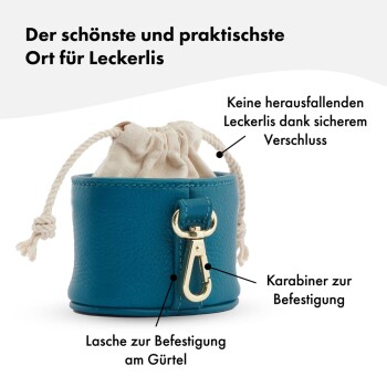 Türkiser Leckerli-Beutel für Haustiere mit Kordelzugverschluss und goldener Klammer, auf Deutsch beschriftet für sichere und praktische Verwendung.