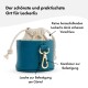 Türkiser Leckerli-Beutel für Haustiere mit Kordelzugverschluss und goldener Klammer, auf Deutsch beschriftet für sichere und praktische Verwendung.