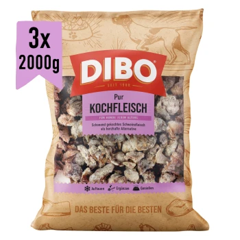 DIBO Kochfleisch Hundefutterverpackung, mit gekochtem Fleisch, 2000 g, mit Text, der die proteinreiche Mischung für glänzendes Fell hervorhebt.