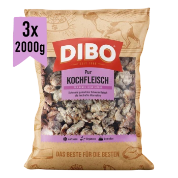 DIBO Kochfleisch Hundefutterverpackung, mit gekochtem Fleisch, 2000 g, mit Text, der die proteinreiche Mischung für glänzendes Fell hervorhebt.