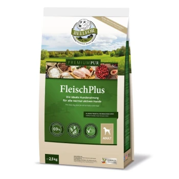 Hundefutterbeutel mit der Bezeichnung "FleischPlus" von Bellfor, mit Bildern der Zutaten, die "69% Fleisch" angeben, geeignet für aktive erwachsene Hunde.