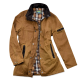 Braune gewachste Baumwolljacke mit schwarzem Kragen und kariertem Futter, mit Reißverschluss- und Druckknopfverschlüssen sowie Reißverschlusstaschen.