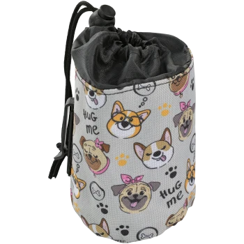 A gray pet treat pouch featuring playful dog illustrations and the text "Hug Me," with a drawstring closure and clip for easy attachment.