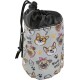A gray pet treat pouch featuring playful dog illustrations and the text "Hug Me," with a drawstring closure and clip for easy attachment.
