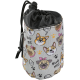 A gray pet treat pouch featuring playful dog illustrations and the text "Hug Me," with a drawstring closure and clip for easy attachment.