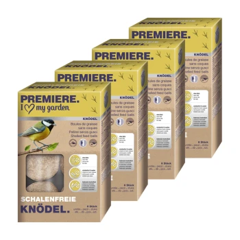 Naturknödel schalenfrei 4x500g Vier Boxen von "Premiere I Love My Garden" geschälten Futterbällen für Vögel, mit einer bunten Meisenillustration und mehrsprachigem Text.