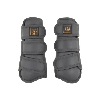 Graue Pferdebeinschoner mit drei verstellbaren Riemen, die ein Logo-Patch auf jedem Schoner haben.