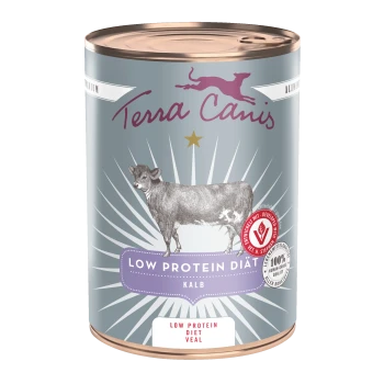 Terra Canis Dose, hellblaues Etikett mit Kuhillustration und Text 'LOW PROTEIN DIÄT' und 'LOW PROTEIN DIET VEAL'
