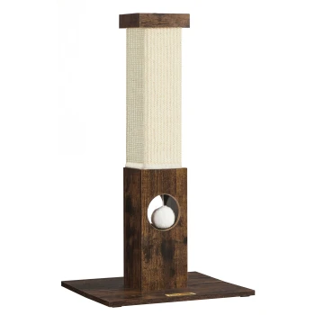Katzensch scratching post mit einer hohen, strukturierten Kratzfläche, einem Holzsockel und einem verspielten weißen Pom-Pom, der durch eine kreisförmige Aussparung sichtbar ist.