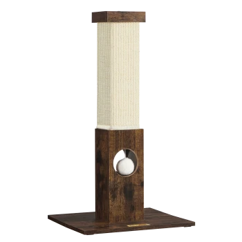 Katzensch scratching post mit einer hohen, strukturierten Kratzfläche, einem Holzsockel und einem verspielten weißen Pom-Pom, der durch eine kreisförmige Aussparung sichtbar ist.