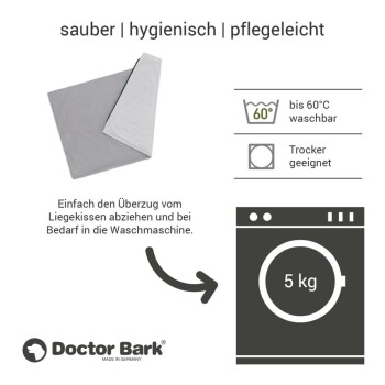 Grau Haustierbettbezug mit Waschhinweisen, der angibt, dass er bis zu 60°C maschinenwaschbar und trocknergeeignet ist, von Doctor Bark.
