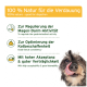Ein glücklicher Hund, der sich die Lippen leckt, mit Text über die Vorteile eines 100% natürlichen Verdauungsprodukts für die Darmgesundheit und eine gute Stuhlkonsistenz.