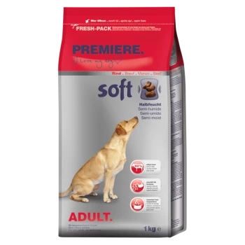 Eine 1 kg Tüte "PREMIERE. I love my dog" weiches halbfeuchtes Rindfleisch-Hundefutter, mit einem Golden Retriever, der nach oben schaut.