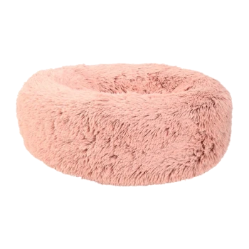 Lit pour animaux en peluche rond et moelleux de couleur rose doux, avec une texture douce pour le confort.