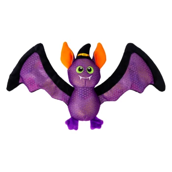 Purple plush bat toy with outstretched wings, orange inner ears, green eyes, tiny black witch hat and fanged smile.
