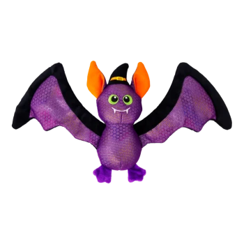 Purple plush bat toy with outstretched wings, orange inner ears, green eyes, tiny black witch hat and fanged smile.