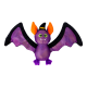 Purple plush bat toy with outstretched wings, orange inner ears, green eyes, tiny black witch hat and fanged smile.