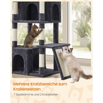 Grauer Katzenturm mit zwei Katzen, die Sisal kratzen; 'Mehrere Kratzbereiche zum Krallenwetzen'; 7 Sisalstämme und 2 Kratzbretter
