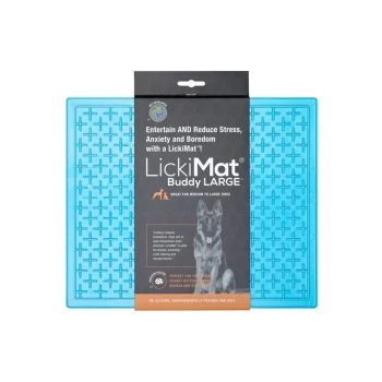 LickiMat Buddy LARGE for medium to large dogs, featuring a blue textured mat and packaging with stress relief claims and usage tips.