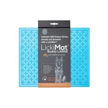 LickiMat Buddy LARGE for medium to large dogs, featuring a blue textured mat and packaging with stress relief claims and usage tips.