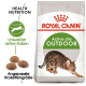 Royal Canin Active Life Outdoor Katzenfutterbeutel mit einer Bengal-Katzenillustration, mit Text, der gesunde Ernährung und angepasste Krokettengröße hervorhebt.