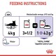 Feeding instructions for a 4kg cat: 3.5 cans or 1 can plus 42g of dry food daily. Includes water icon and Royal Canin logo.