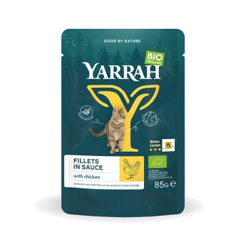 Yarrah Bio-Katzenfutterbeutel mit Filets in Sauce mit Huhn, 85g, mit einer Katzenillustration und dem Text 'Good by Nature'.
