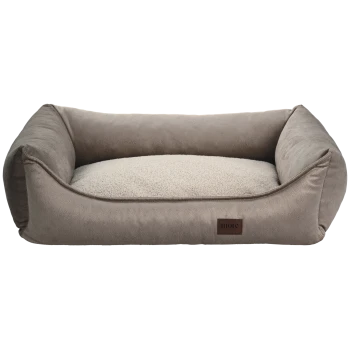 Beige-graues Randbett für Haustiere mit cremefarbenem Sherpa-Kissen und braunem Patch mit der Aufschrift 'more'.