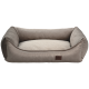 Beige-graues Randbett für Haustiere mit cremefarbenem Sherpa-Kissen und braunem Patch mit der Aufschrift 'more'.