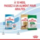 Emballage Royal Canin pour nourriture pour petits chiens : "Chiot" (2-10 mois) et "Adulte" pour teckels, avec un texte sur la transition à 10 mois.