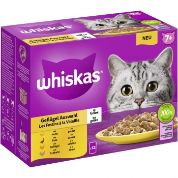 Multipack 7+ Geflügel Auswahl in Gelee 12 x 85g Whiskas Katzenfutterverpackung mit dem Gesicht einer grauen Katze, beschriftet mit "Geflügel Auswahl" und Optionen für Huhn, Ente, Truthahn und Gans in Gelee.