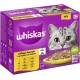 Whiskas Katzenfutterverpackung mit dem Gesicht einer grauen Katze, beschriftet mit "Geflügel Auswahl" und Optionen für Huhn, Ente, Truthahn und Gans in Gelee.