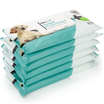 Stapel von türkisfarbenen Verpackungen für "REAVET Premium Pflege-Tücher" Tierfeuchttücher, mit einem Labrador-Welpen auf der Vorderseite, mit 20 Tüchern pro Packung.