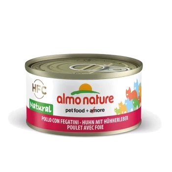 Almo Nature Haustierfutterdose mit dem Etikett "Natürlich", mit Geschmacksrichtungen: "Pollo con Fegatini", "Huhn mit Hühnerleber" und "Poulet avec Foie."