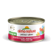 Almo Nature Haustierfutterdose mit dem Etikett "Natürlich", mit Geschmacksrichtungen: "Pollo con Fegatini", "Huhn mit Hühnerleber" und "Poulet avec Foie."
