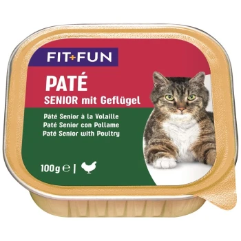 Katzenfutterverpackung mit einer getigerten Katze, beschriftet "PATÉ SENIOR mit Geflügel" mit Übersetzungen in Französisch und Spanisch, 100g.
