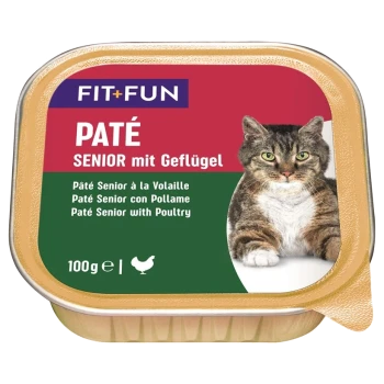 Opakowanie karmy dla kotów z kotem tabby, oznaczone 'PATÉ SENIOR mit Geflügel' z tłumaczeniami na francuski i hiszpański, 100g.