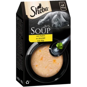 Emballage de soupe pour chat Sheba présentant un chat gris, un bol de soupe au poulet crémeux avec de la viande effilochée et une branche de persil, étiqueté "SOUP mit Huhn."