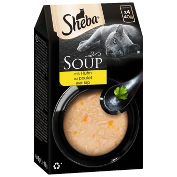 Verpackung von Sheba Katzenfutter-Suppe mit einer grauen Katze, einer Schüssel mit cremiger Hühnersuppe mit zerkleinertem Fleisch und einem Zweig Petersilie, beschriftet mit "SOUP mit Huhn."