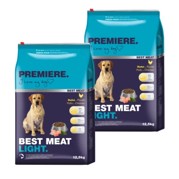 Zwei 12,5 kg Säcke Hundefutter mit der Aufschrift "Premiere. Ich liebe meinen Hund," mit Huhn, 45% Fleisch und 9,5% Fett.