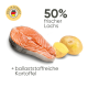 Frisches Lachsfilet und Kartoffeln mit dem Text '50% frischer Lachs' und '+ ballaststoffreiche Kartoffel.'