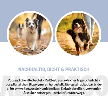 Bild zeigt eine Schüssel mit Hundekotbeuteln mit einem Textfeld, das davon abrät, sie zu kompostieren, aufgrund potenziell schädlicher Bakterien.