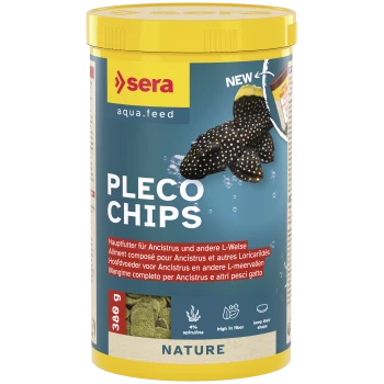 Behälter Sera Pleco Chips Fischfutter mit Bild eines Pleco-Fisches, 380 g, 4 % Spirulina, hoher Faseranteil, formstabil.