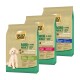 Drei Beutel Select Gold Mini Adult Sensitive Hundefutter, beschriftet mit Ente & Kartoffel, Pferd & Tapioka und Wasserbüffel & Tapioka.