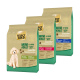 Drei Beutel Select Gold Mini Adult Sensitive Hundefutter, beschriftet mit Ente & Kartoffel, Pferd & Tapioka und Wasserbüffel & Tapioka.