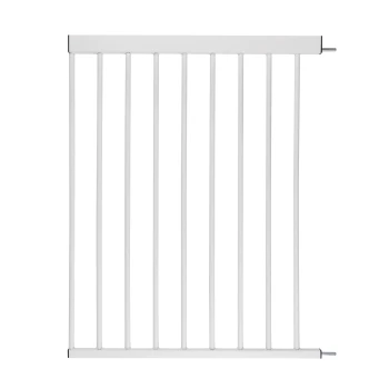 Weißes Haustier-Sicherheitstor mit vertikalen Stäben und einer oberen und unteren Leiste, entworfen, um Haustiere in einem bestimmten Bereich zu halten.