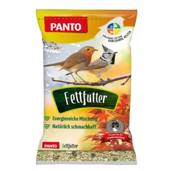 FETTFUTTER 7x2,5 kg Eine Tüte PANTO Vogelfettfutter mit zwei Vögeln auf einem Ast, mit Text, der "Energierreiche Mischung" und "Natürlich schmackhaft" hervorhebt.